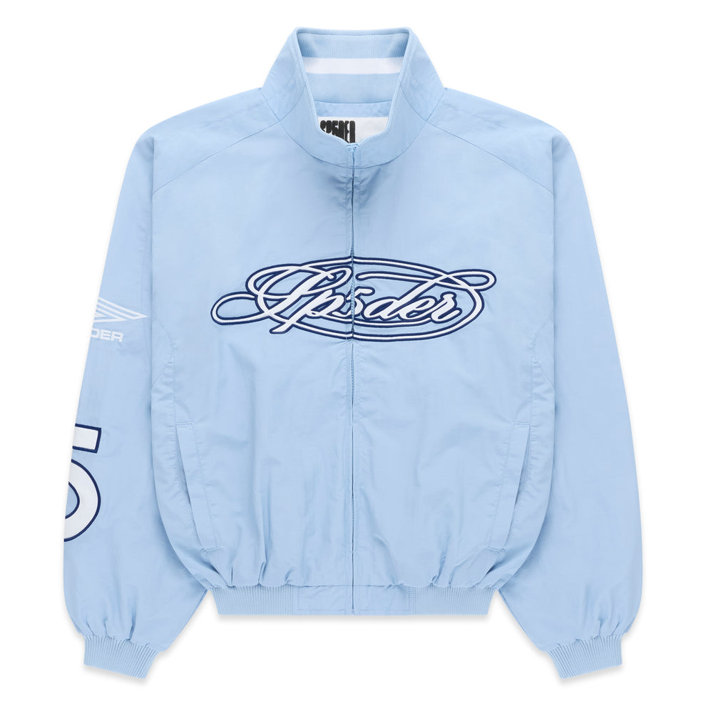 Light blue nylon track jacket with full zip, stand collar, and embroidered chest logo.