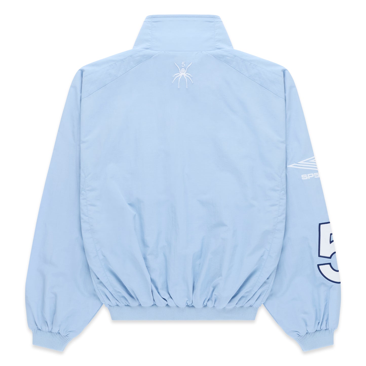 Light blue nylon track jacket, back view, with white spider logo on upper back and white sleeve graphic.