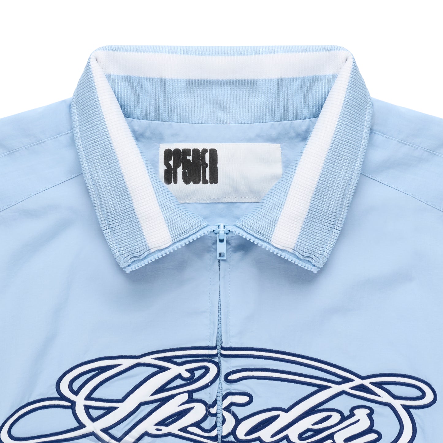 Light blue nylon track jacket with full zip, stand collar, and white/light blue ribbed trim.