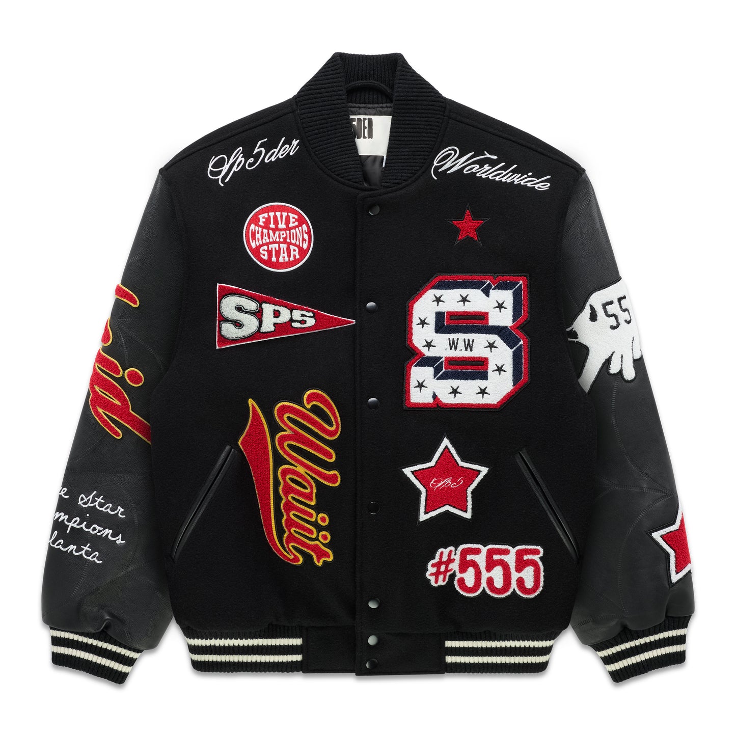 Black wool varsity jacket with leather sleeves, debossed web design, and multiple embroidered patches.