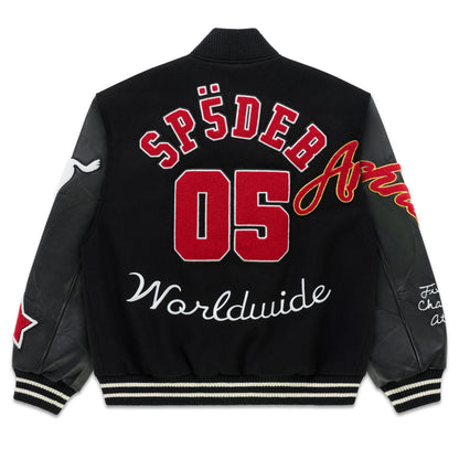 Black wool varsity jacket with leather sleeves, red "SP5DER 05" embroidery, and striped ribbed trim.