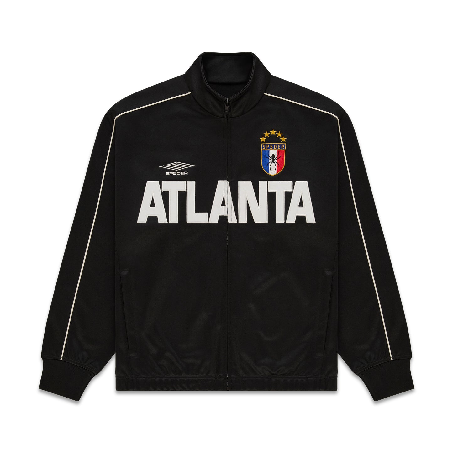 Black polyester ATLANTA TRACK JACKET with white lettering, SP5DER crest, and contrasting piping.