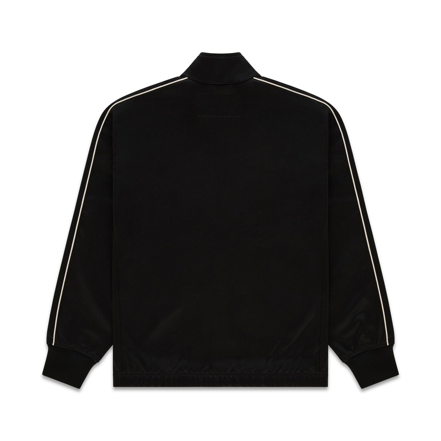 Black polyester Atlanta Track Jacket with contrasting white piping on sleeves.