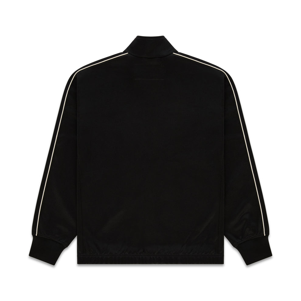 Black polyester Atlanta Track Jacket with contrasting white piping on sleeves.
