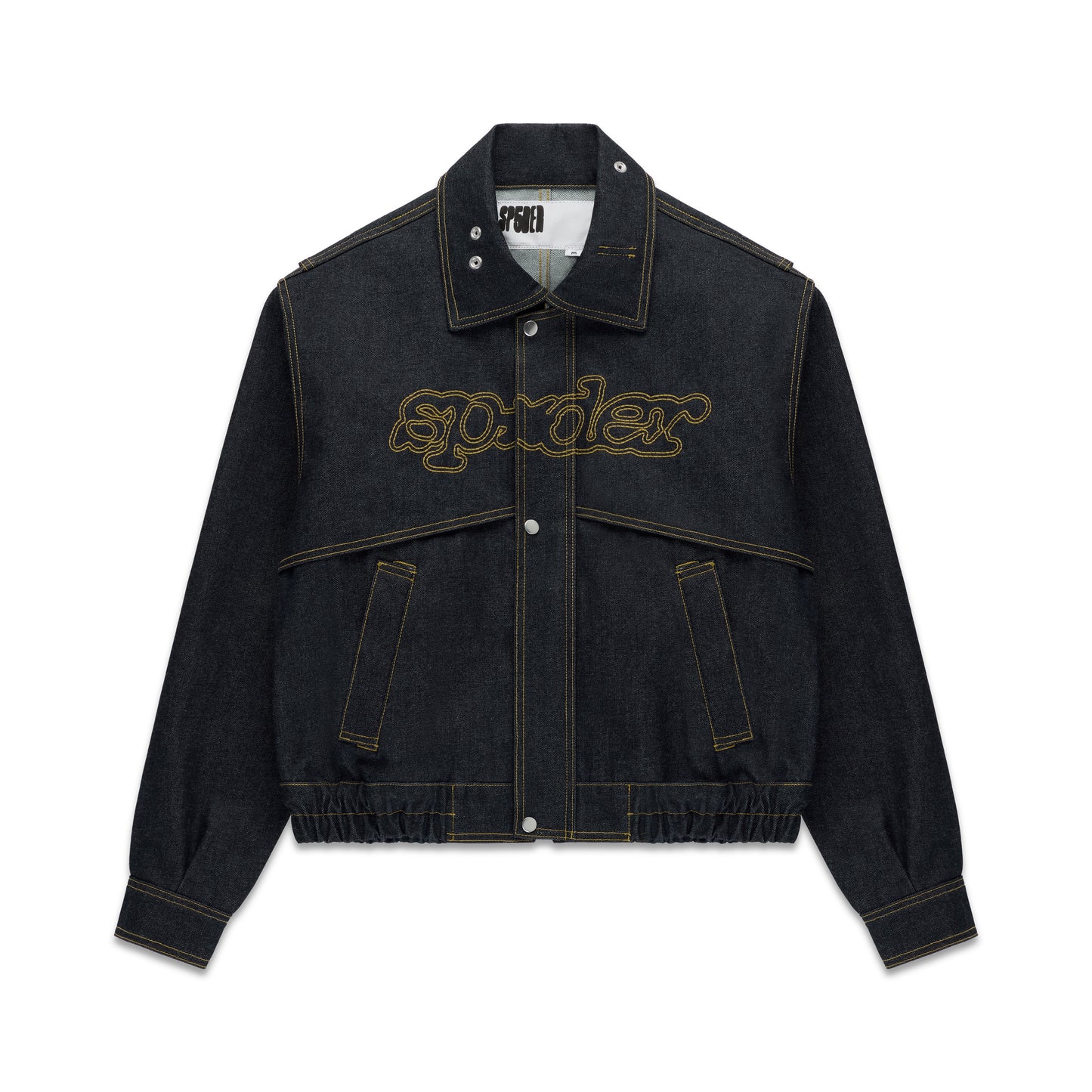 Dark wash denim jacket with yellow contrast stitching, embroidered script logo, and silver hardware.