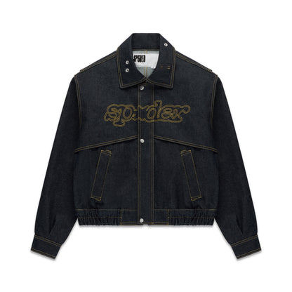 Dark wash denim jacket with yellow contrast stitching, embroidered script logo, and silver hardware.