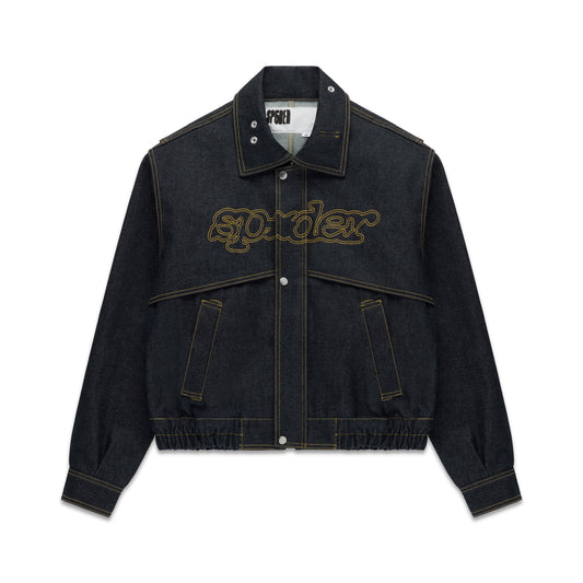 Dark wash denim jacket with yellow contrast stitching, embroidered script logo, and silver hardware.