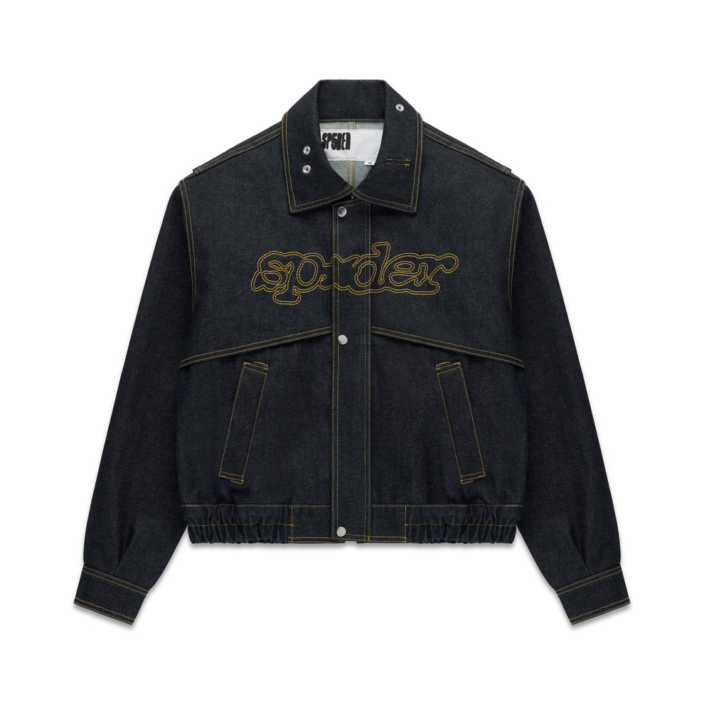 Dark wash denim jacket with yellow contrast stitching, embroidered script logo, and silver hardware.