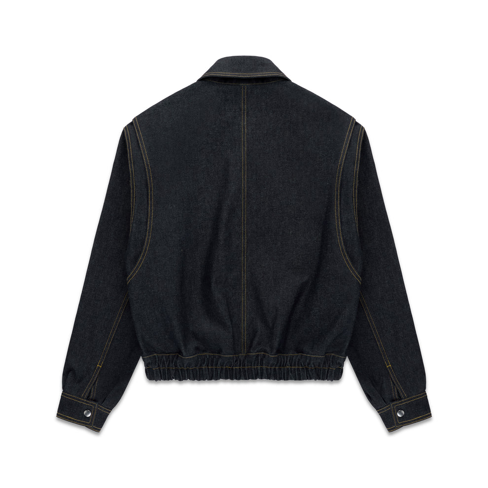 Dark wash denim jacket with contrast yellow stitching and elasticated hem, back view.