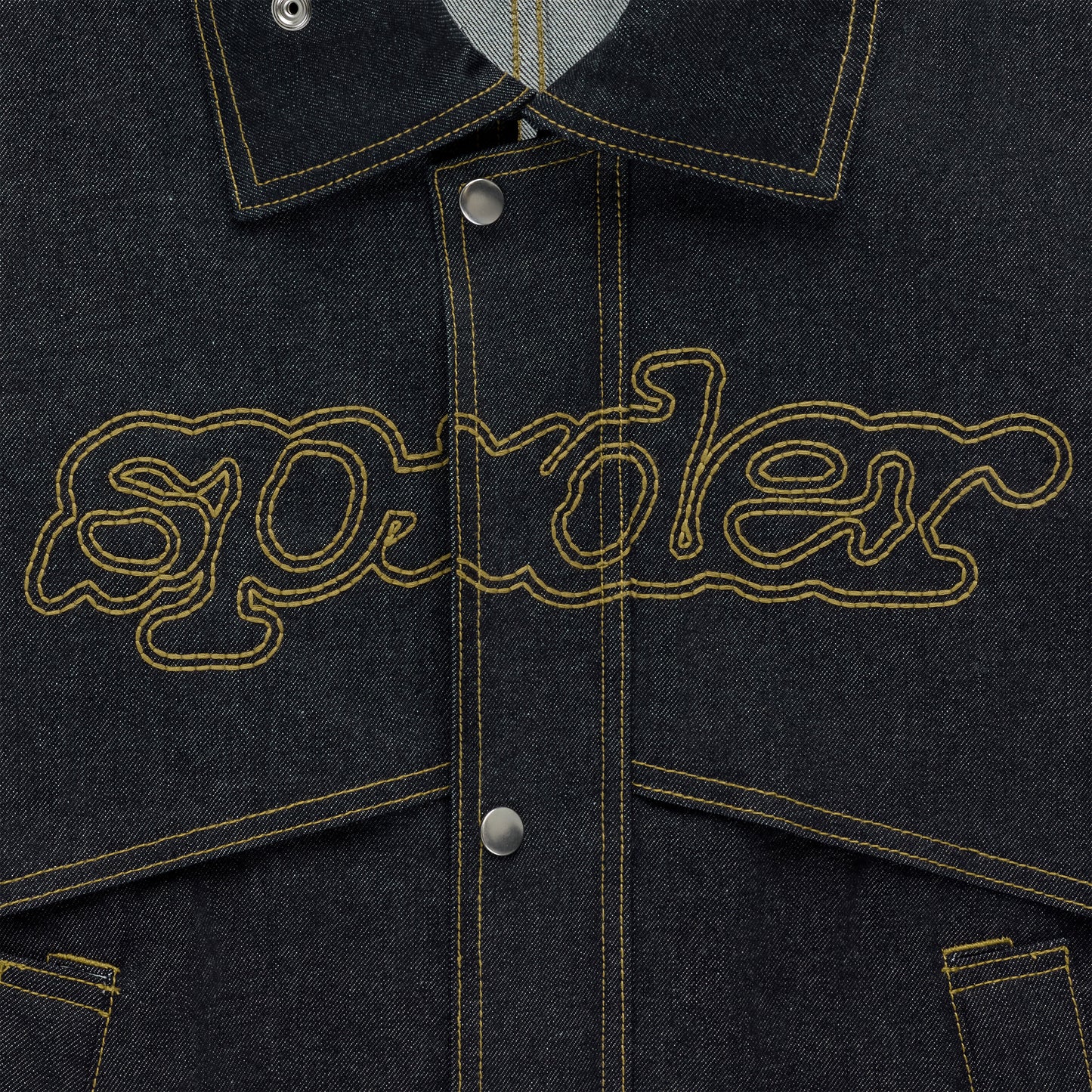 Dark wash denim jacket with yellow contrast stitching and embroidered script logo.