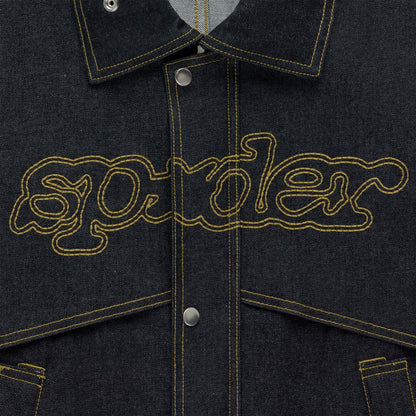 Dark wash denim jacket with yellow contrast stitching and embroidered script logo.