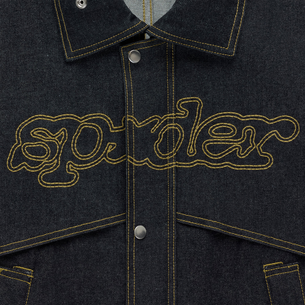 Dark wash denim jacket with yellow contrast stitching and embroidered script logo.