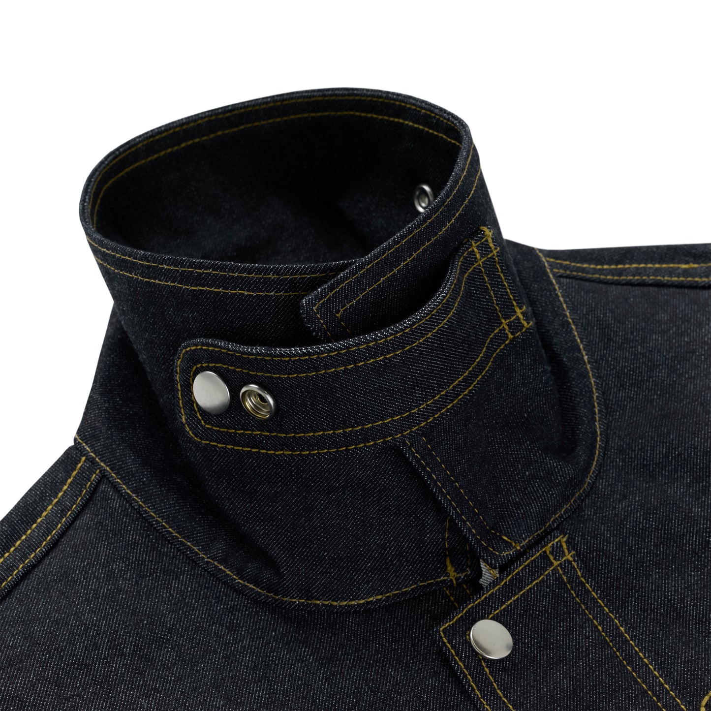 Dark wash denim jacket collar with yellow stitching, snap buttons, and stand/fold design.