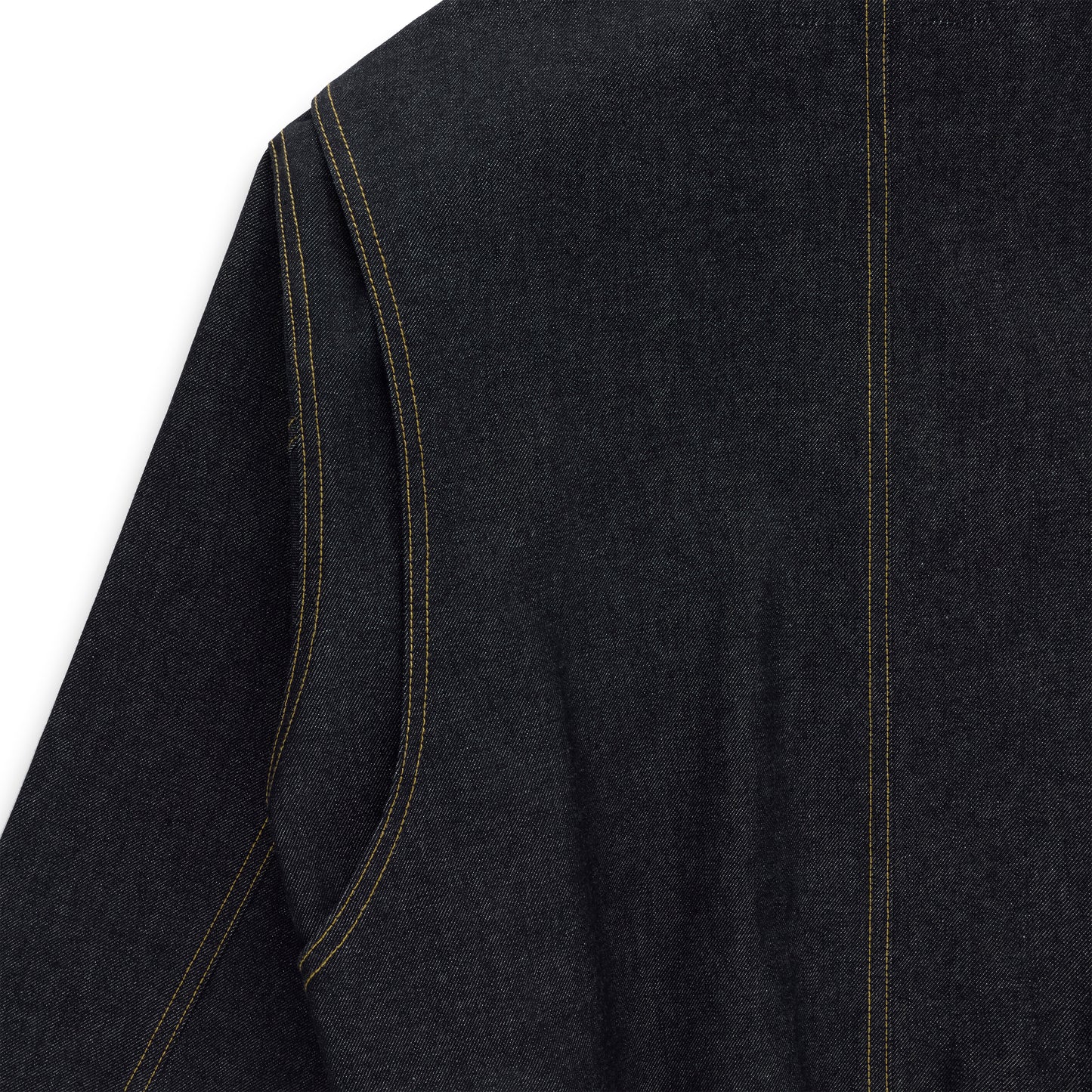 Dark wash denim jacket with contrast yellow stitching and an angled front welt pocket.