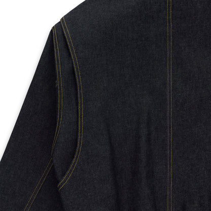 Dark wash denim jacket with contrast yellow stitching and an angled front welt pocket.