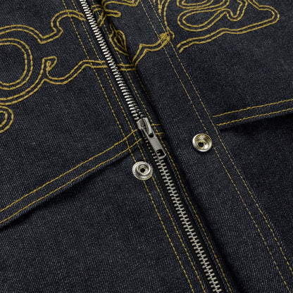 Dark wash denim jacket with yellow stitching, silver zipper, and snap buttons.