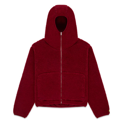 Red teddy sherpa fleece zip-up hooded jacket with welt pockets and rubberized logo patch.