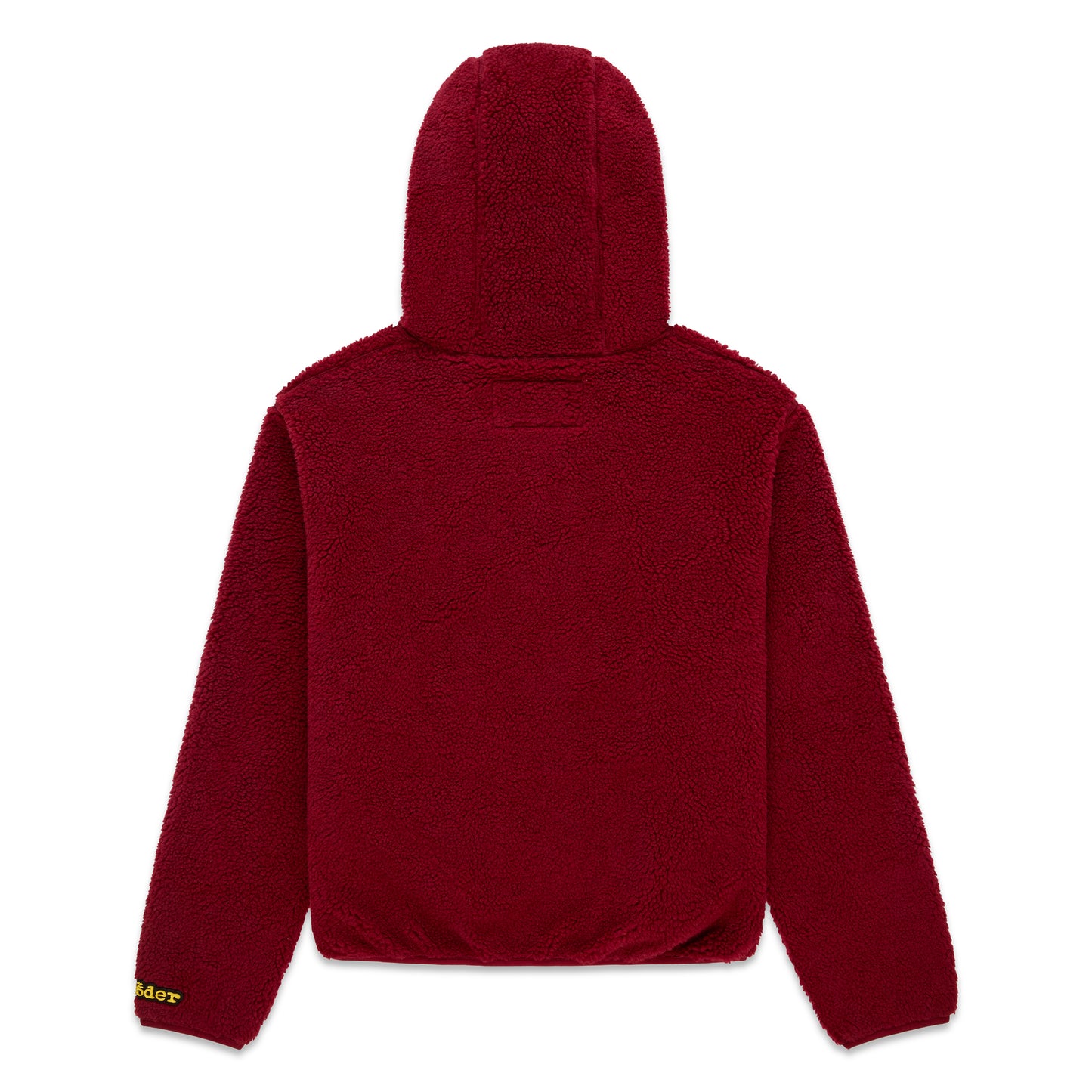 Back view of a red sherpa fleece hooded zip-up jacket with a rubberized logo patch on the wrist.