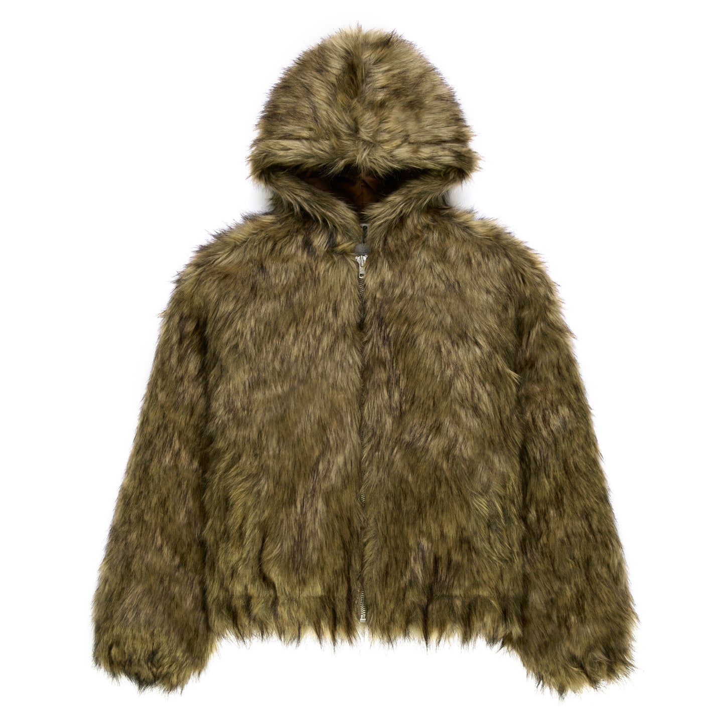 Brown faux fur hooded jacket with zip closure and two pockets.