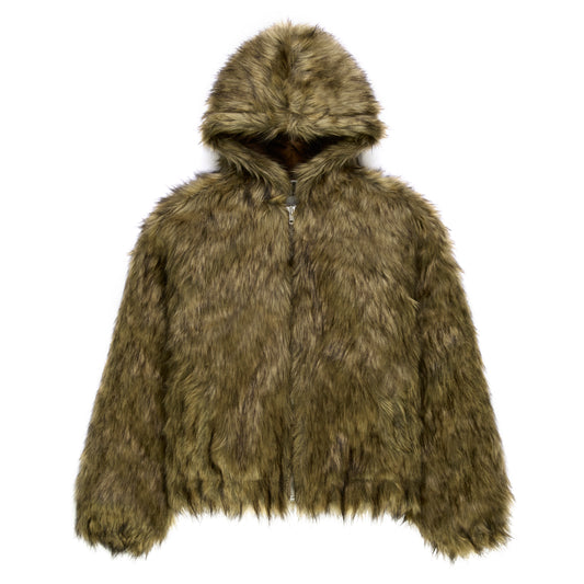 Brown faux fur hooded jacket with zip closure and two pockets.