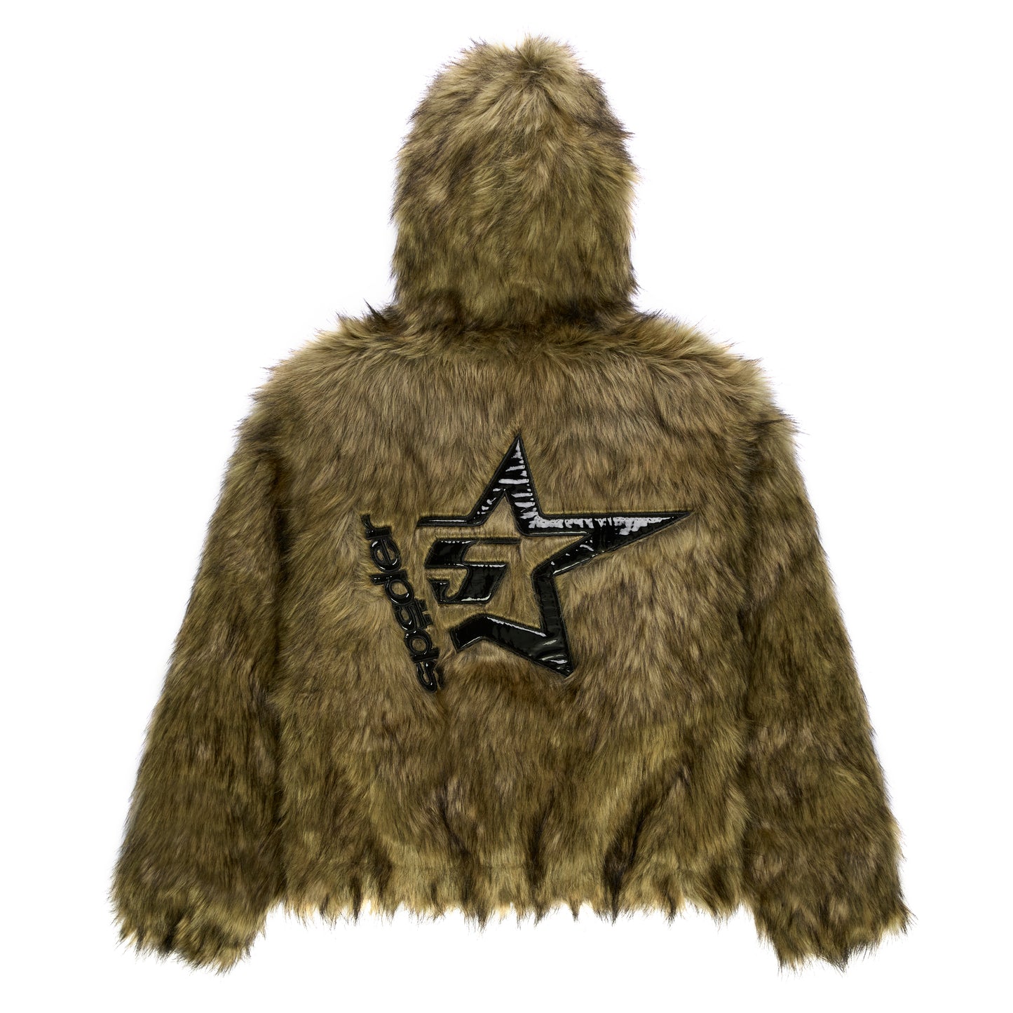 Brown faux fur hooded jacket with glossy black patent leather star design on back.