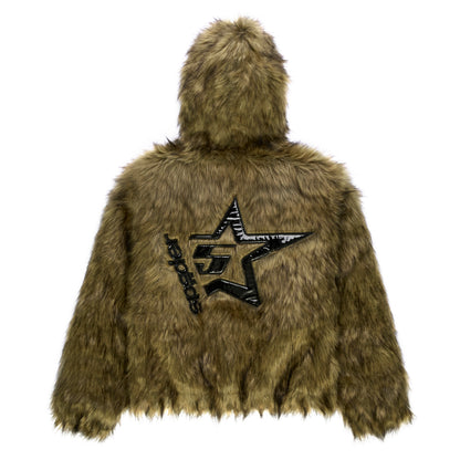 Brown faux fur hooded jacket with glossy black patent leather star design on back.