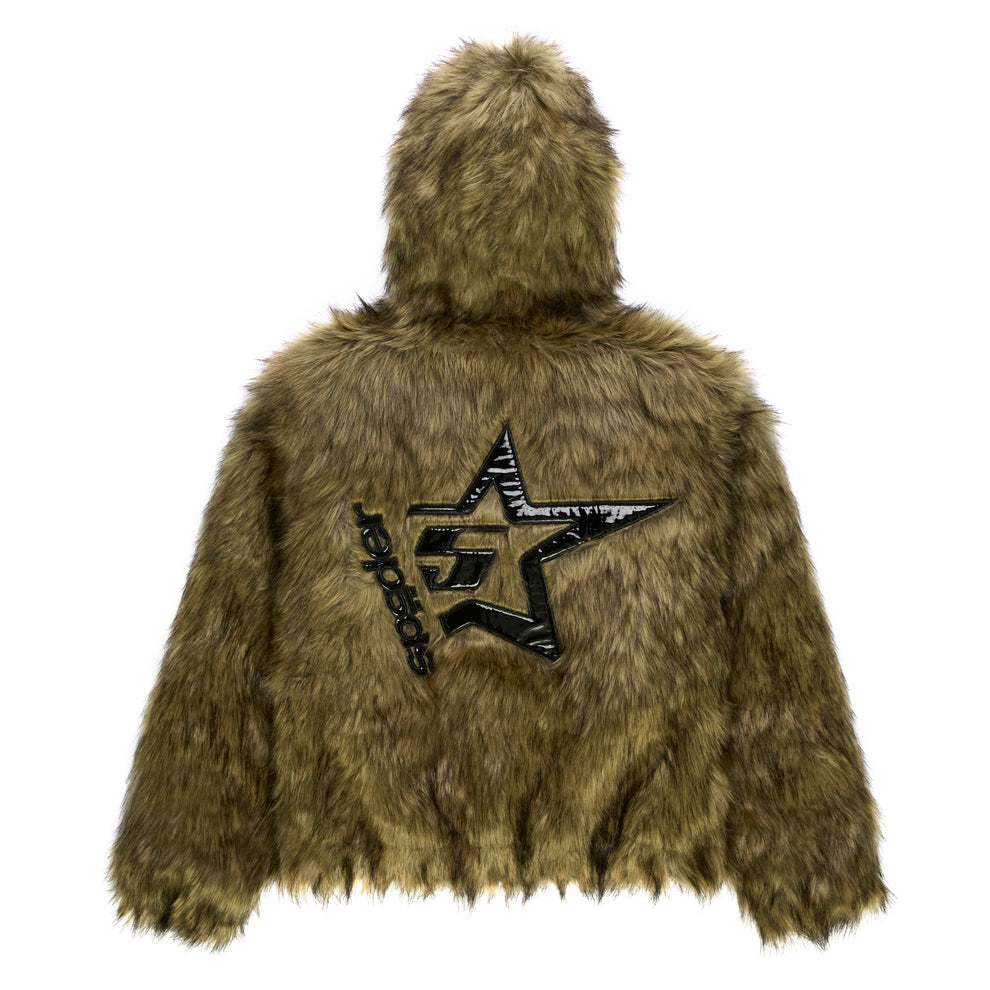 Brown faux fur hooded jacket with glossy black patent leather star design on back.