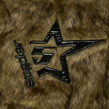 Brown faux fur jacket with a glossy black patent leather star and "Speedster" logo design on the back.