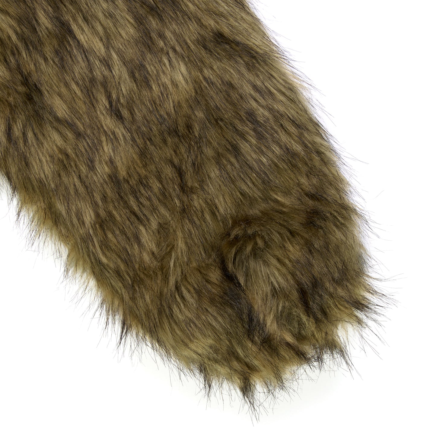 Close-up of brown faux fur, long and shaggy, on a white background.