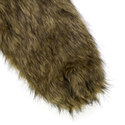 Close-up of brown faux fur, long and shaggy, on a white background.