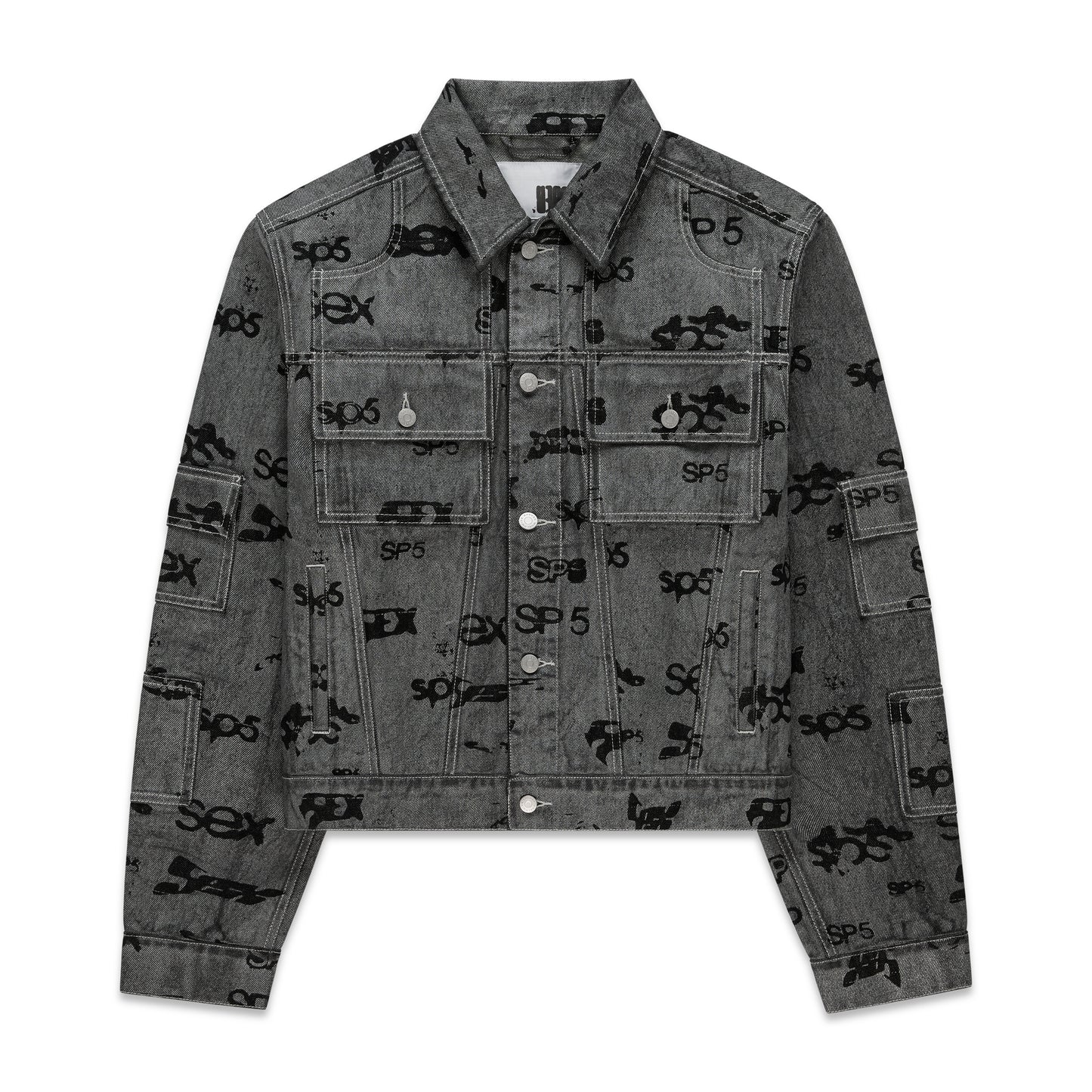 Gray denim trucker jacket with black all-over print, silver buttons, and red contrast stitching.