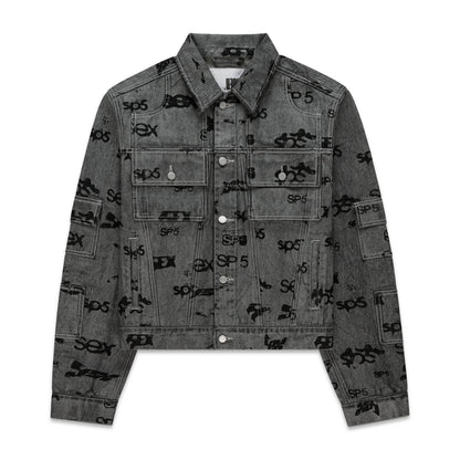 Gray denim trucker jacket with black all-over print, silver buttons, and red contrast stitching.