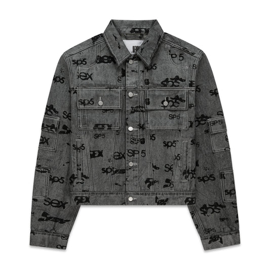 Gray denim trucker jacket with black all-over print, silver buttons, and red contrast stitching.