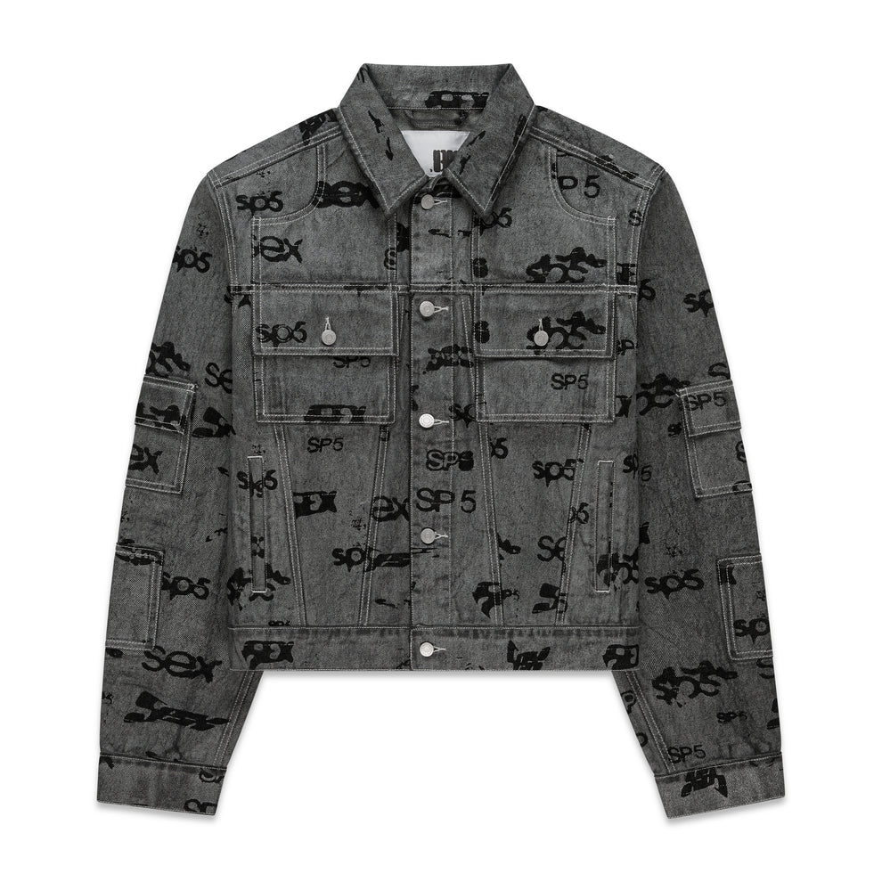 Gray denim trucker jacket with black all-over print, silver buttons, and red contrast stitching.