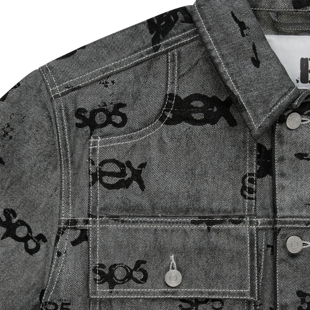 Gray denim trucker jacket with black "SEX" all-over print, silver buttons, and red contrast stitching.