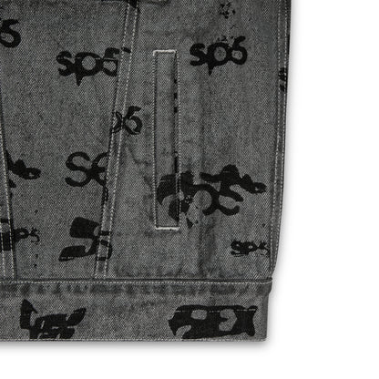 Gray denim trucker jacket with all-over black "SEX" print and red contrast stitching.