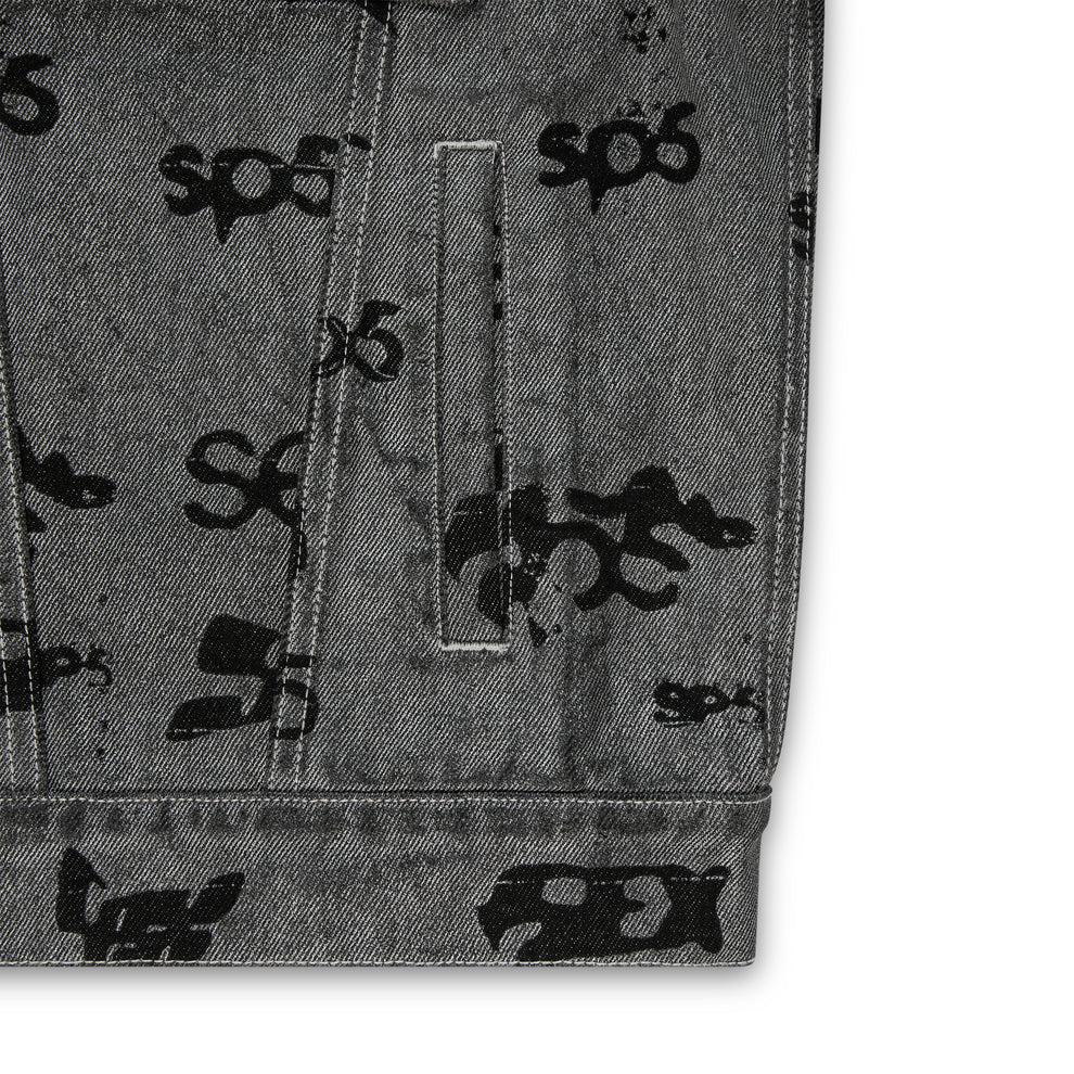 Gray denim trucker jacket with all-over black "SEX" print and red contrast stitching.