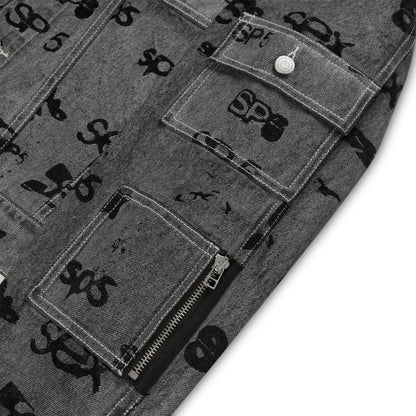 Gray denim jacket with black all-over print, flap, and zip pockets, red contrast stitching.