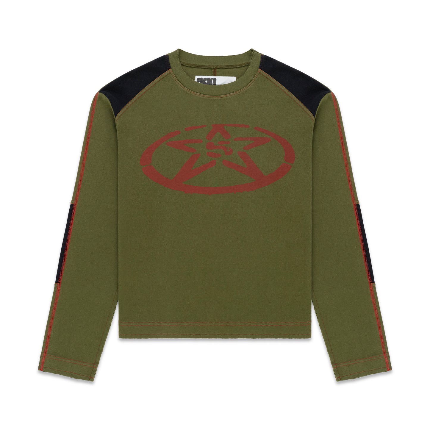 Olive green SERVICE LONGSLEEVE with red star graphic, black shoulder panels, and red contrast stitching.