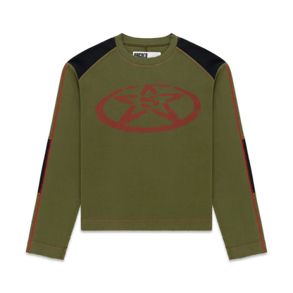 Olive green SERVICE LONGSLEEVE with red star graphic, black shoulder panels, and red contrast stitching.