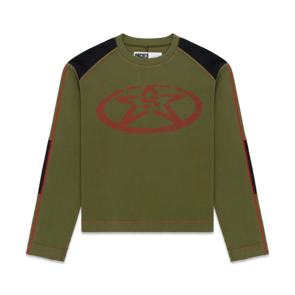 Olive green SERVICE LONGSLEEVE with red star graphic, black shoulder panels, and red contrast stitching.