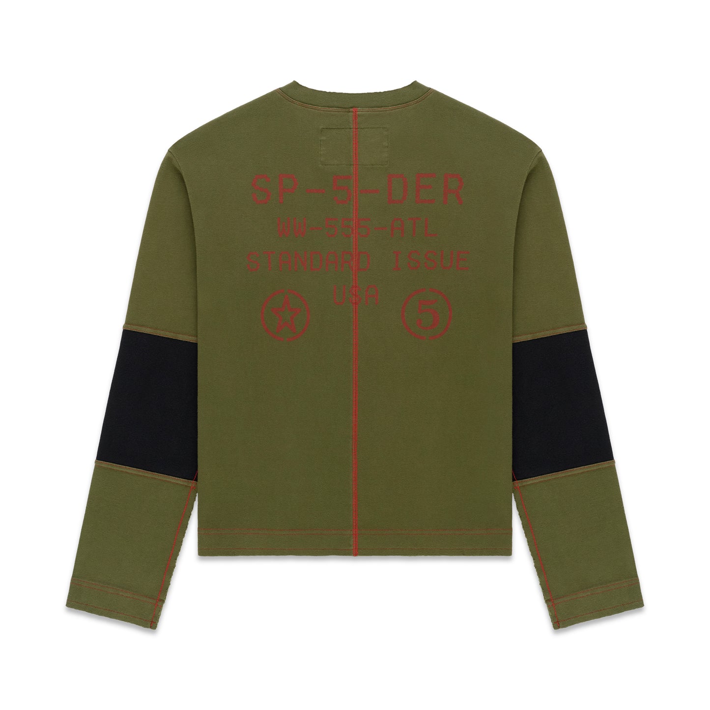 Olive green SERVICE LONGSLEEVE with red "SP-5-DER" text, black arm panels, and red stitching.
