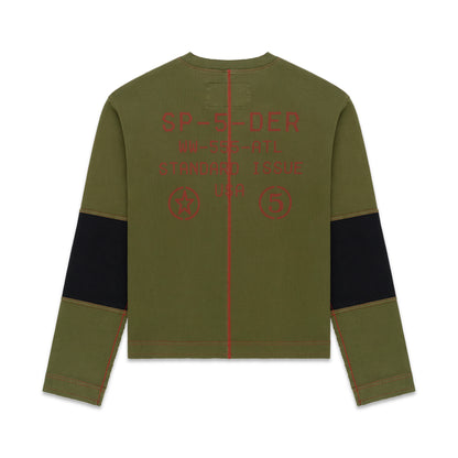 Olive green SERVICE LONGSLEEVE with red "SP-5-DER" text, black arm panels, and red stitching.