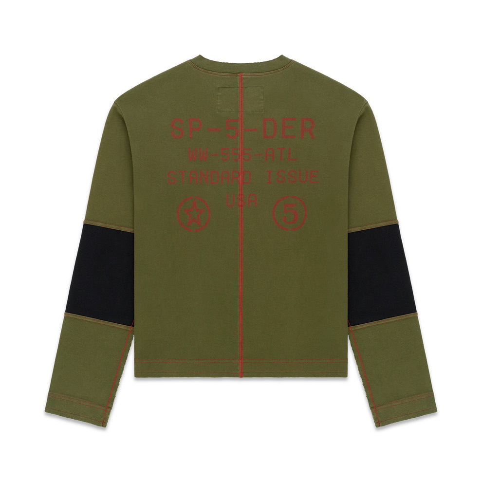 Olive green SERVICE LONGSLEEVE with red "SP-5-DER" text, black arm panels, and red stitching.