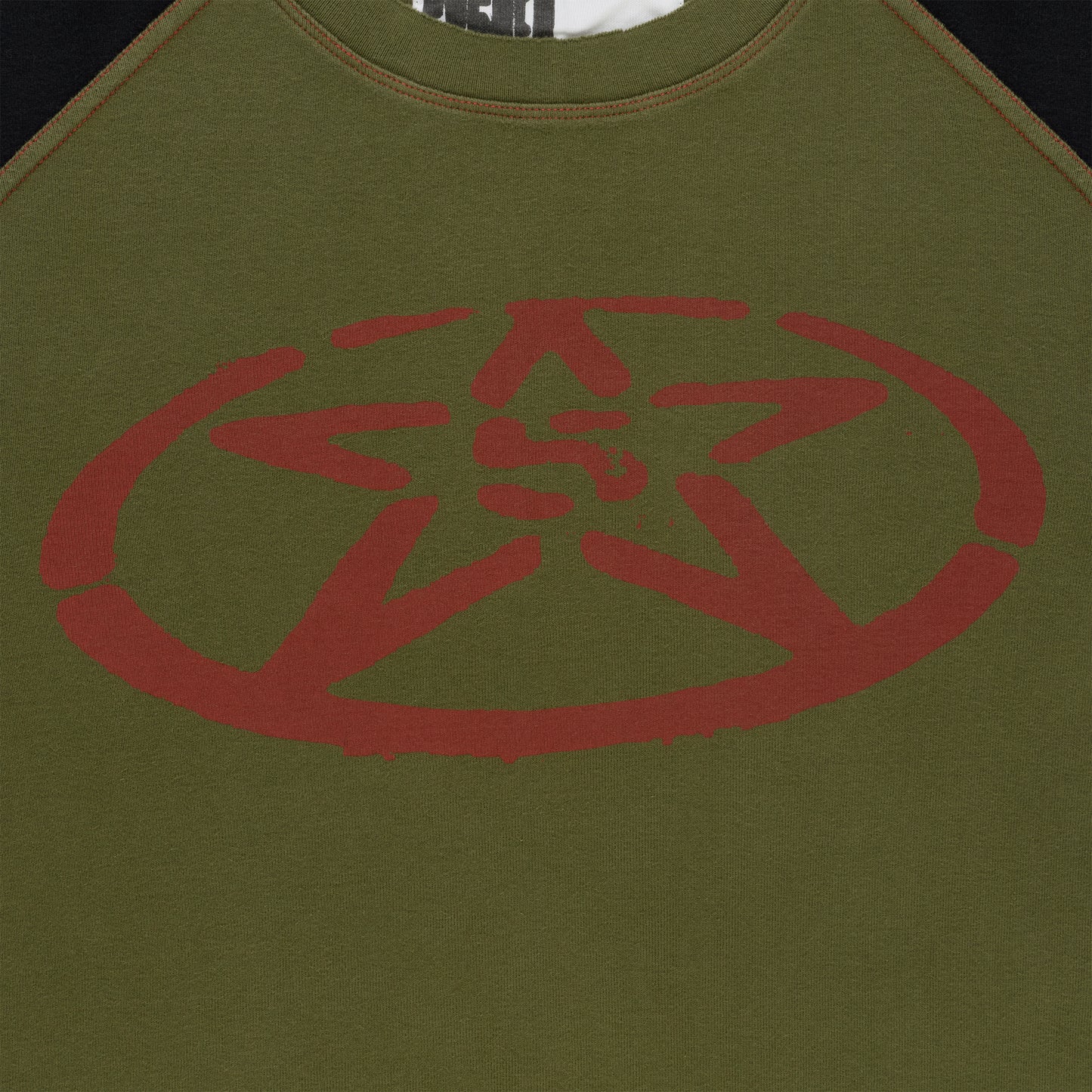 Olive green longsleeve t-shirt with a distressed red star logo and black raglan sleeves.