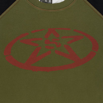 Olive green longsleeve t-shirt with a distressed red star logo and black raglan sleeves.