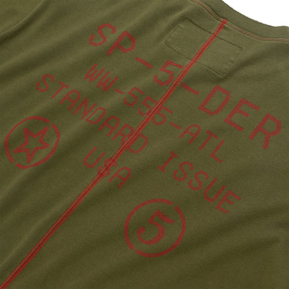 Olive green SERVICE LONGSLEEVE with red graphic print and exposed red stitching down the back.