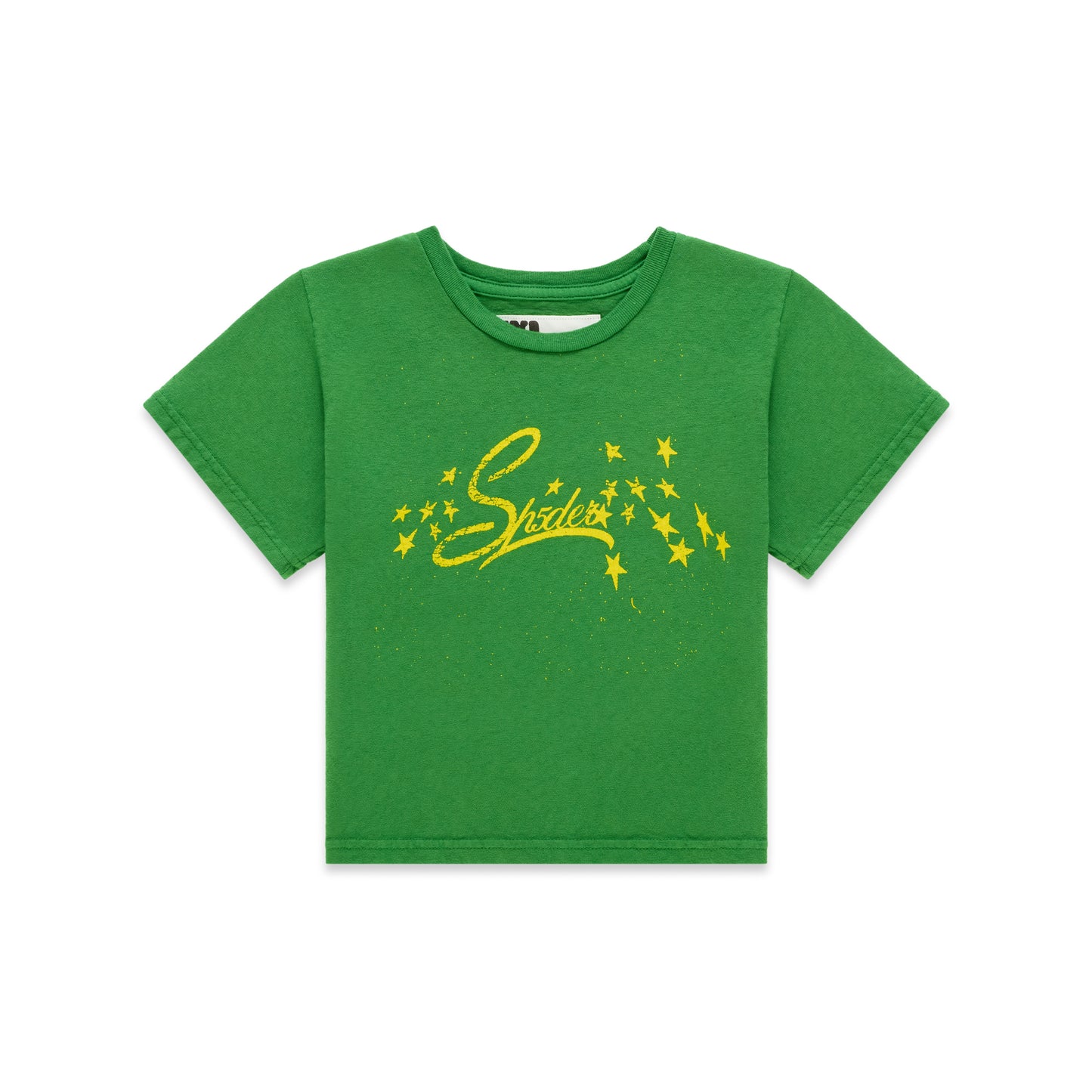 Green cotton/spandex cropped baby tee with yellow "Shades" graphic and stars.