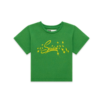 Green cotton/spandex cropped baby tee with yellow "Shades" graphic and stars.
