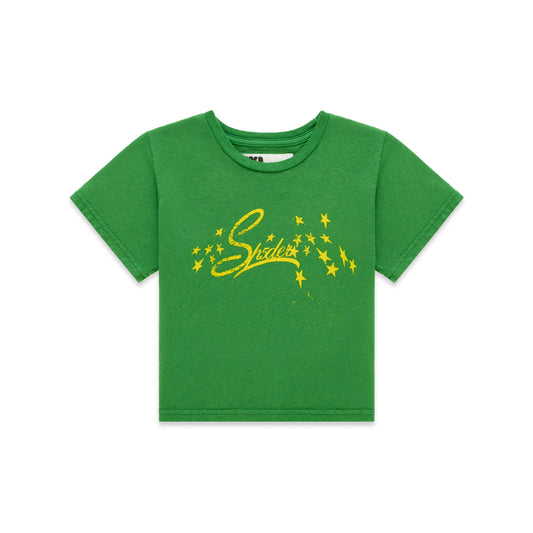 Green cotton/spandex cropped baby tee with yellow "Shades" graphic and stars.